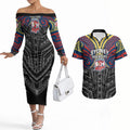 Custom Sydney Roosters Couples Matching Off The Shoulder Long Sleeve Dress and Hawaiian Shirt Roosters Warrior Polynesia Islander Rugby Mascot