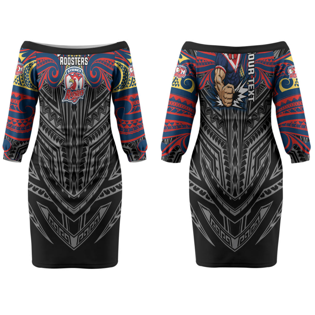 Custom Sydney Roosters Couples Matching Off The Shoulder Long Sleeve Dress and Hawaiian Shirt Roosters Warrior Polynesia Islander Rugby Mascot