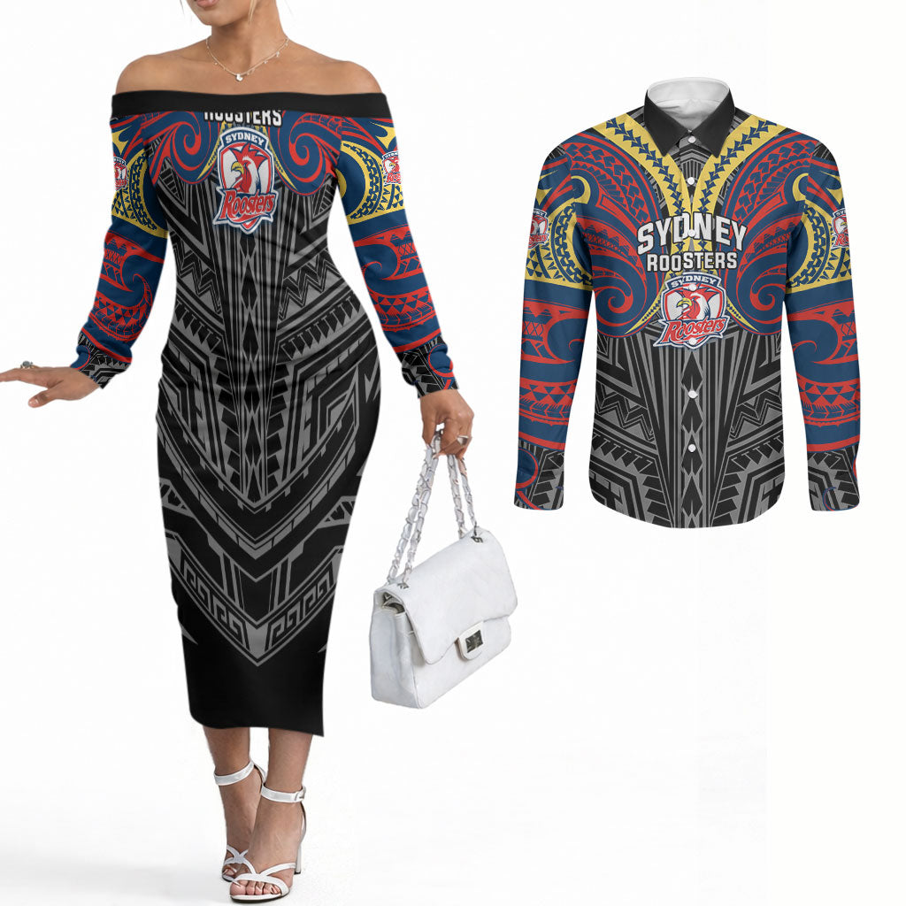 Custom Sydney Roosters Couples Matching Off The Shoulder Long Sleeve Dress and Long Sleeve Button Shirt Roosters Warrior Polynesia Islander Rugby Mascot