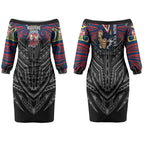 Custom Sydney Roosters Couples Matching Off The Shoulder Long Sleeve Dress and Long Sleeve Button Shirt Roosters Warrior Polynesia Islander Rugby Mascot