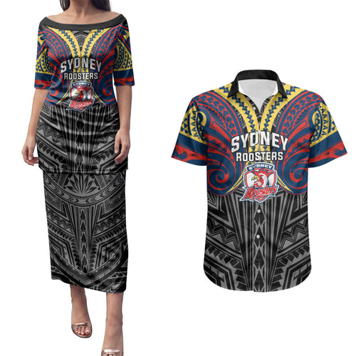 Custom Sydney Roosters Couples Matching Puletasi and Hawaiian Shirt Roosters Warrior Polynesia Islander Rugby Mascot