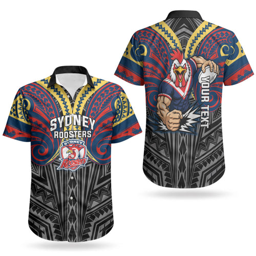 Custom Sydney Roosters Couples Matching Puletasi and Hawaiian Shirt Roosters Warrior Polynesia Islander Rugby Mascot