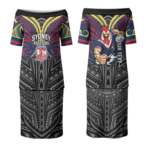 Custom Sydney Roosters Couples Matching Puletasi and Hawaiian Shirt Roosters Warrior Polynesia Islander Rugby Mascot