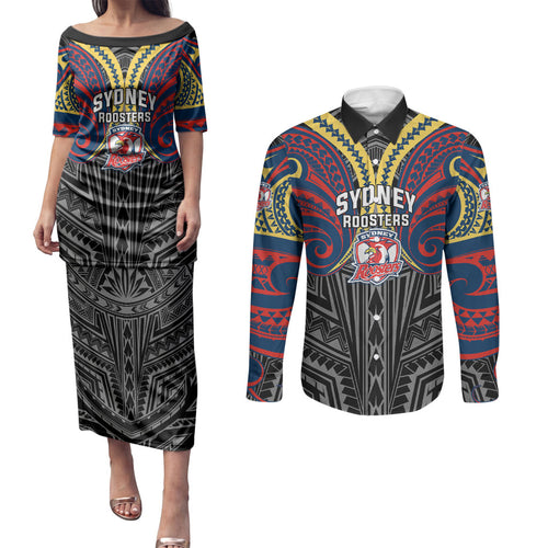 Custom Sydney Roosters Couples Matching Puletasi and Long Sleeve Button Shirt Roosters Warrior Polynesia Islander Rugby Mascot