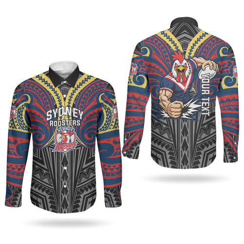 Custom Sydney Roosters Couples Matching Puletasi and Long Sleeve Button Shirt Roosters Warrior Polynesia Islander Rugby Mascot