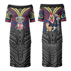 Custom Sydney Roosters Couples Matching Puletasi and Long Sleeve Button Shirt Roosters Warrior Polynesia Islander Rugby Mascot