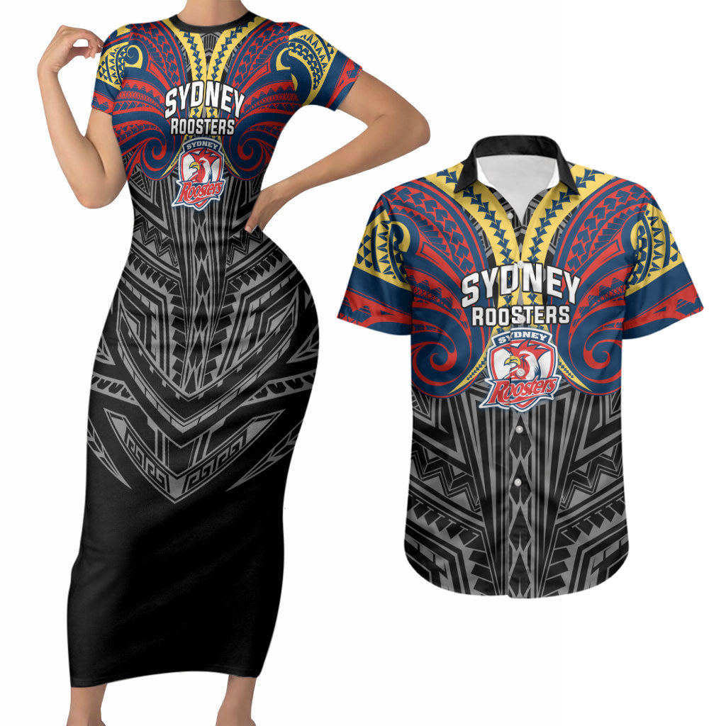 Custom Sydney Roosters Couples Matching Short Sleeve Bodycon Dress and Hawaiian Shirt Roosters Warrior Polynesia Islander Rugby Mascot