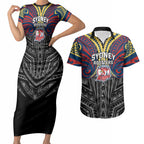 Custom Sydney Roosters Couples Matching Short Sleeve Bodycon Dress and Hawaiian Shirt Roosters Warrior Polynesia Islander Rugby Mascot