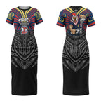 Custom Sydney Roosters Couples Matching Short Sleeve Bodycon Dress and Hawaiian Shirt Roosters Warrior Polynesia Islander Rugby Mascot