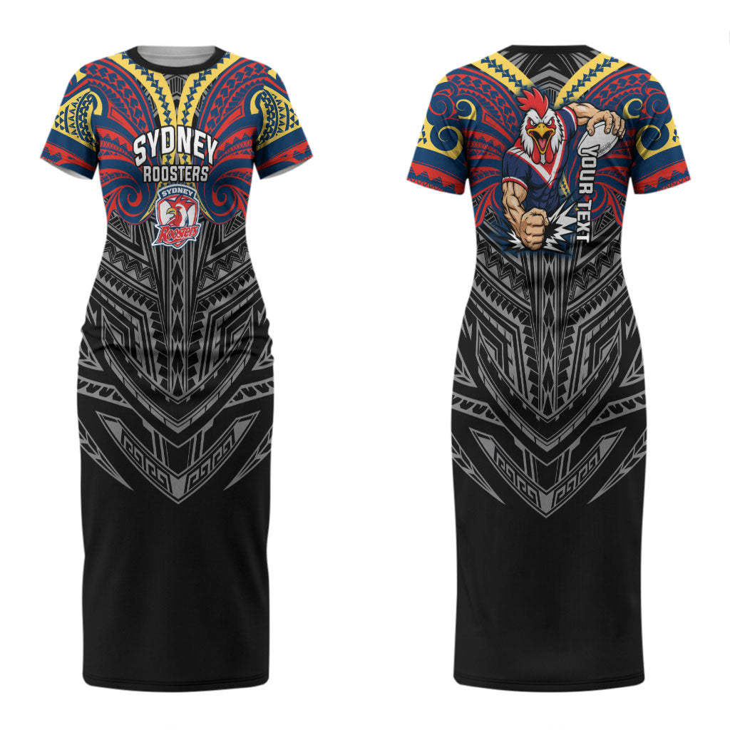 Custom Sydney Roosters Couples Matching Short Sleeve Bodycon Dress and Hawaiian Shirt Roosters Warrior Polynesia Islander Rugby Mascot