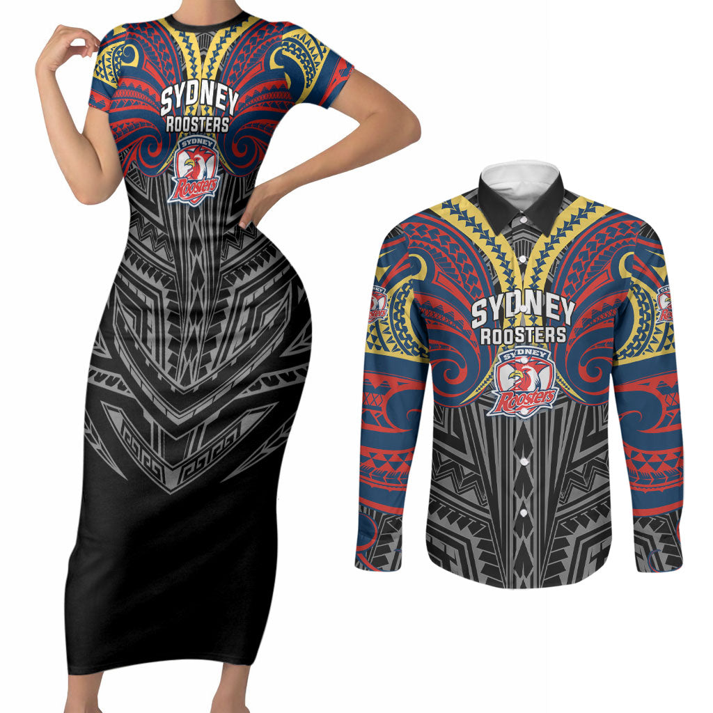 Custom Sydney Roosters Couples Matching Short Sleeve Bodycon Dress and Long Sleeve Button Shirt Roosters Warrior Polynesia Islander Rugby Mascot