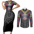 Custom Sydney Roosters Couples Matching Short Sleeve Bodycon Dress and Long Sleeve Button Shirt Roosters Warrior Polynesia Islander Rugby Mascot