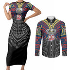 Custom Sydney Roosters Couples Matching Short Sleeve Bodycon Dress and Long Sleeve Button Shirt Roosters Warrior Polynesia Islander Rugby Mascot