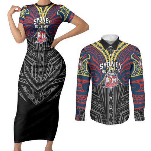 Custom Sydney Roosters Couples Matching Short Sleeve Bodycon Dress and Long Sleeve Button Shirt Roosters Warrior Polynesia Islander Rugby Mascot
