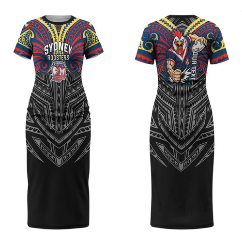 Custom Sydney Roosters Couples Matching Short Sleeve Bodycon Dress and Long Sleeve Button Shirt Roosters Warrior Polynesia Islander Rugby Mascot