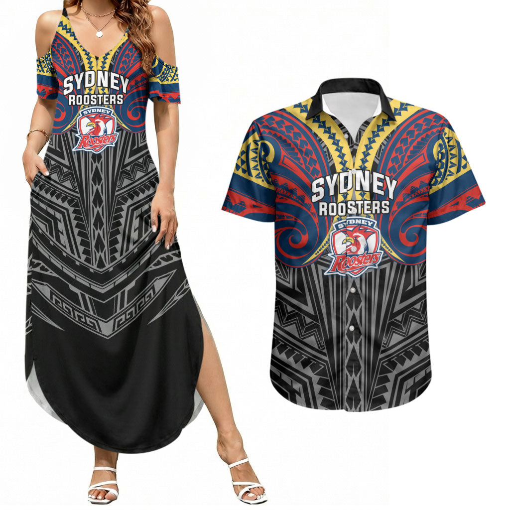 Custom Sydney Roosters Couples Matching Summer Maxi Dress and Hawaiian Shirt Roosters Warrior Polynesia Islander Rugby Mascot