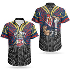 Custom Sydney Roosters Couples Matching Summer Maxi Dress and Hawaiian Shirt Roosters Warrior Polynesia Islander Rugby Mascot