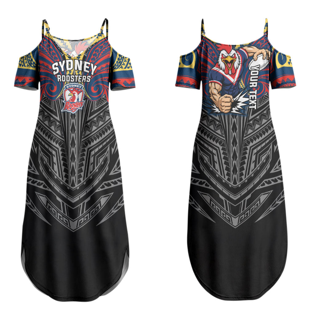 Custom Sydney Roosters Couples Matching Summer Maxi Dress and Hawaiian Shirt Roosters Warrior Polynesia Islander Rugby Mascot