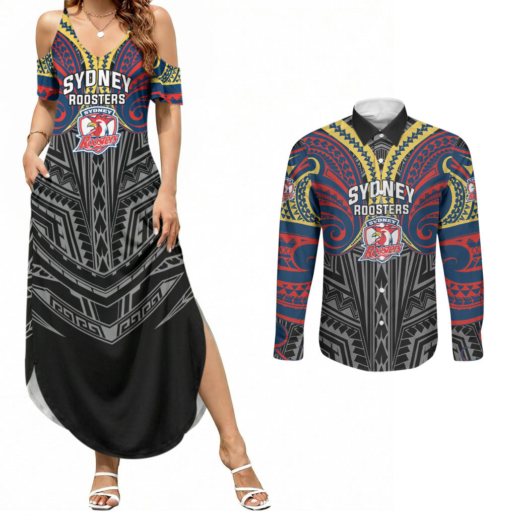 Custom Sydney Roosters Couples Matching Summer Maxi Dress and Long Sleeve Button Shirt Roosters Warrior Polynesia Islander Rugby Mascot
