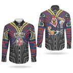 Custom Sydney Roosters Couples Matching Summer Maxi Dress and Long Sleeve Button Shirt Roosters Warrior Polynesia Islander Rugby Mascot