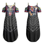 Custom Sydney Roosters Couples Matching Summer Maxi Dress and Long Sleeve Button Shirt Roosters Warrior Polynesia Islander Rugby Mascot