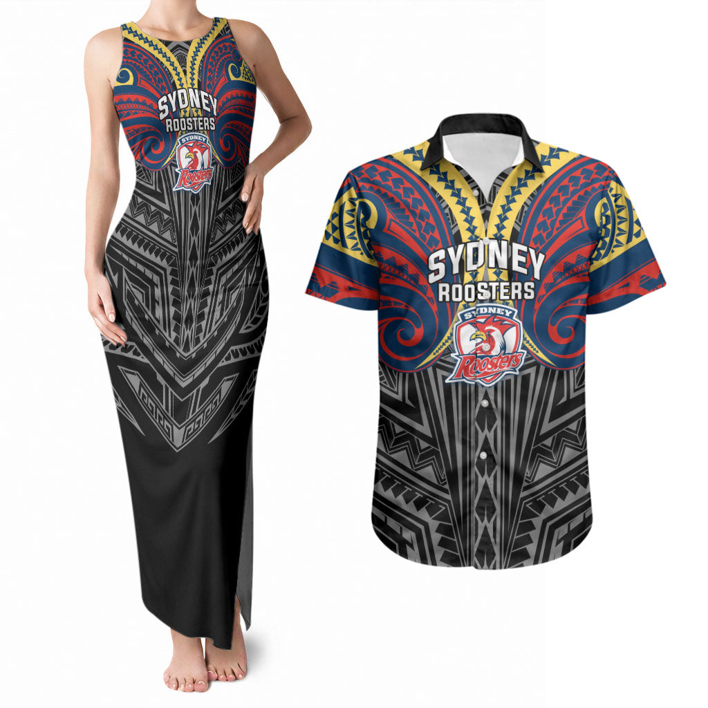 Custom Sydney Roosters Couples Matching Tank Maxi Dress and Hawaiian Shirt Roosters Warrior Polynesia Islander Rugby Mascot