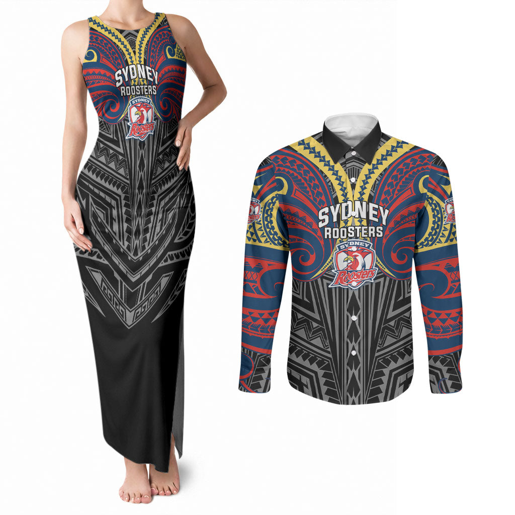Custom Sydney Roosters Couples Matching Tank Maxi Dress and Long Sleeve Button Shirt Roosters Warrior Polynesia Islander Rugby Mascot