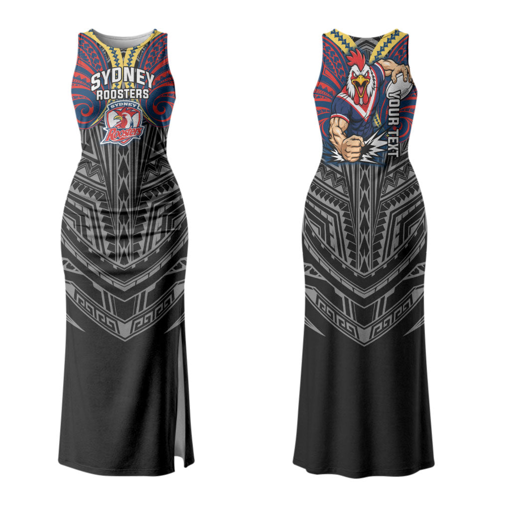 Custom Sydney Roosters Couples Matching Tank Maxi Dress and Long Sleeve Button Shirt Roosters Warrior Polynesia Islander Rugby Mascot