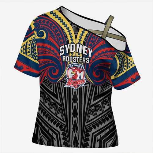 Custom Sydney Roosters Cross Shoulder Shirt Roosters Warrior Polynesia Islander Rugby Mascot