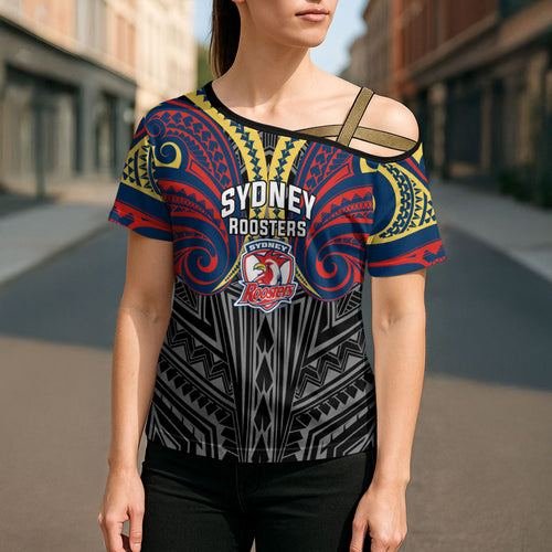 Custom Sydney Roosters Cross Shoulder Shirt Roosters Warrior Polynesia Islander Rugby Mascot