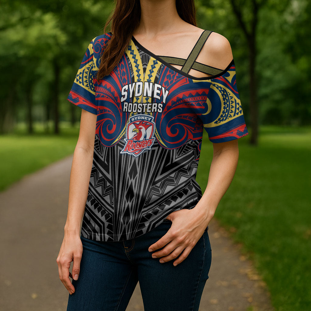 Custom Sydney Roosters Cross Shoulder Shirt Roosters Warrior Polynesia Islander Rugby Mascot