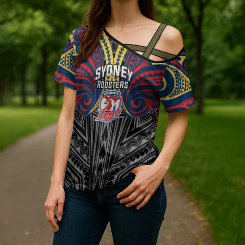 Custom Sydney Roosters Cross Shoulder Shirt Roosters Warrior Polynesia Islander Rugby Mascot