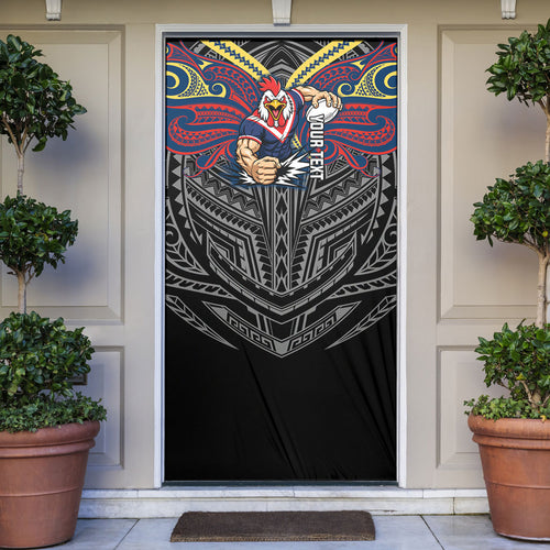 Custom Sydney Roosters Door Cover Roosters Warrior Polynesia Islander Rugby Mascot