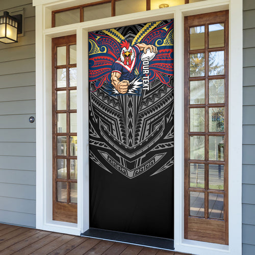 Custom Sydney Roosters Door Cover Roosters Warrior Polynesia Islander Rugby Mascot