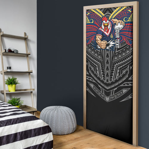 Custom Sydney Roosters Door Cover Roosters Warrior Polynesia Islander Rugby Mascot