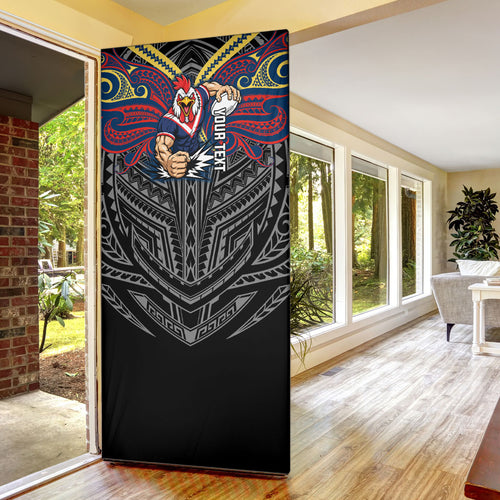 Custom Sydney Roosters Door Cover Roosters Warrior Polynesia Islander Rugby Mascot