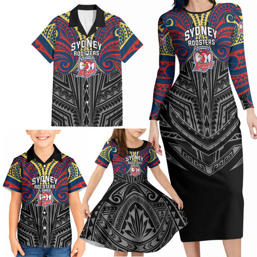 Custom Sydney Roosters Family Matching Long Sleeve Bodycon Dress and Hawaiian Shirt Roosters Warrior Polynesia Islander Rugby Mascot