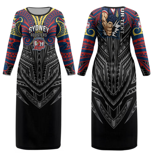 Custom Sydney Roosters Family Matching Long Sleeve Bodycon Dress and Hawaiian Shirt Roosters Warrior Polynesia Islander Rugby Mascot