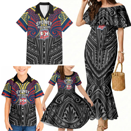 Custom Sydney Roosters Family Matching Mermaid Dress and Hawaiian Shirt Roosters Warrior Polynesia Islander Rugby Mascot