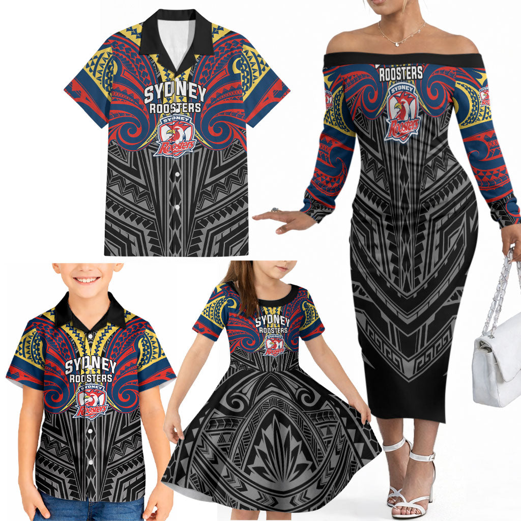 Custom Sydney Roosters Family Matching Off The Shoulder Long Sleeve Dress and Hawaiian Shirt Roosters Warrior Polynesia Islander Rugby Mascot