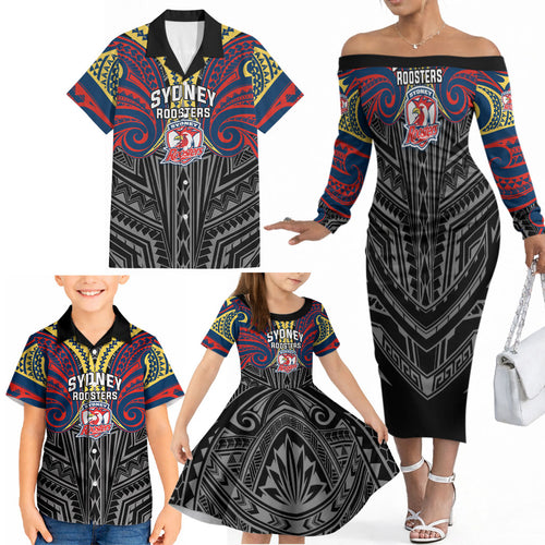 Custom Sydney Roosters Family Matching Off The Shoulder Long Sleeve Dress and Hawaiian Shirt Roosters Warrior Polynesia Islander Rugby Mascot