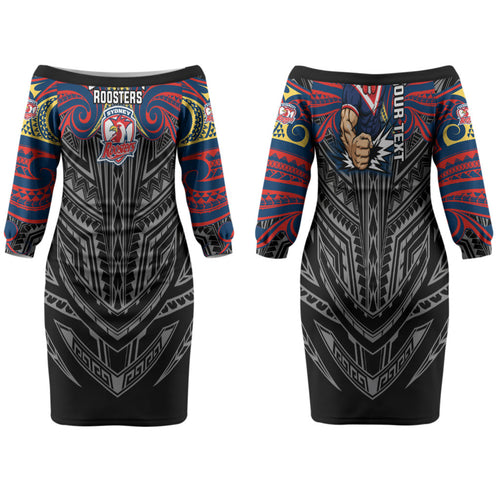 Custom Sydney Roosters Family Matching Off The Shoulder Long Sleeve Dress and Hawaiian Shirt Roosters Warrior Polynesia Islander Rugby Mascot