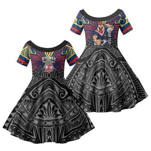 Custom Sydney Roosters Family Matching Off The Shoulder Long Sleeve Dress and Hawaiian Shirt Roosters Warrior Polynesia Islander Rugby Mascot