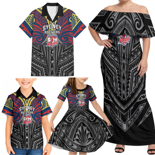 Custom Sydney Roosters Family Matching Off Shoulder Maxi Dress and Hawaiian Shirt Roosters Warrior Polynesia Islander Rugby Mascot
