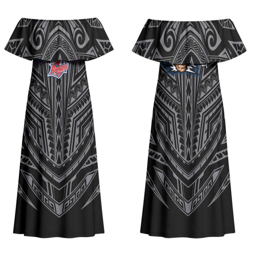 Custom Sydney Roosters Family Matching Off Shoulder Maxi Dress and Hawaiian Shirt Roosters Warrior Polynesia Islander Rugby Mascot