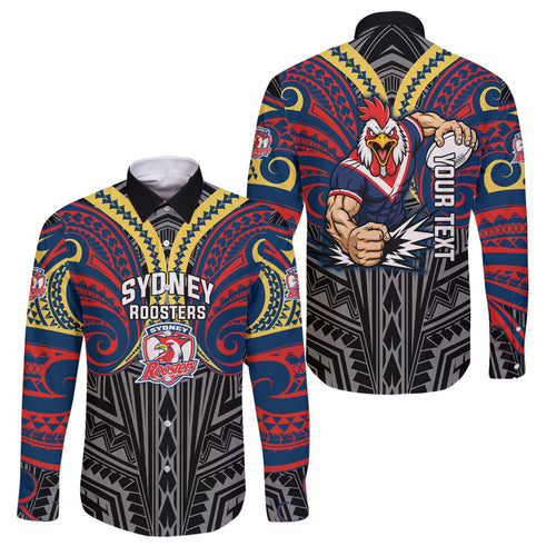 Custom Sydney Roosters Family Matching Off Shoulder Maxi Dress and Hawaiian Shirt Roosters Warrior Polynesia Islander Rugby Mascot