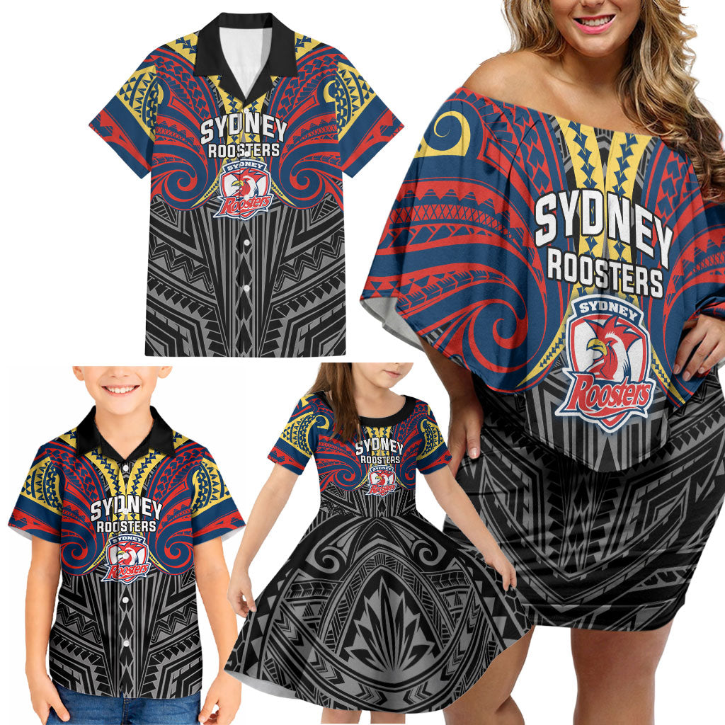 Custom Sydney Roosters Family Matching Off Shoulder Short Dress and Hawaiian Shirt Roosters Warrior Polynesia Islander Rugby Mascot