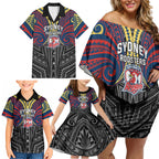 Custom Sydney Roosters Family Matching Off Shoulder Short Dress and Hawaiian Shirt Roosters Warrior Polynesia Islander Rugby Mascot