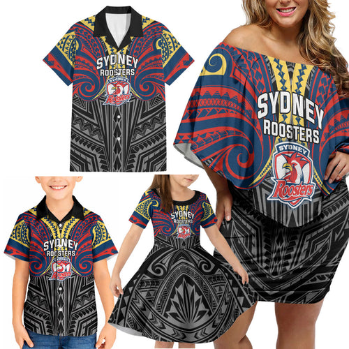 Custom Sydney Roosters Family Matching Off Shoulder Short Dress and Hawaiian Shirt Roosters Warrior Polynesia Islander Rugby Mascot