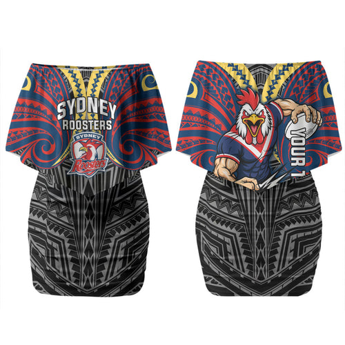 Custom Sydney Roosters Family Matching Off Shoulder Short Dress and Hawaiian Shirt Roosters Warrior Polynesia Islander Rugby Mascot